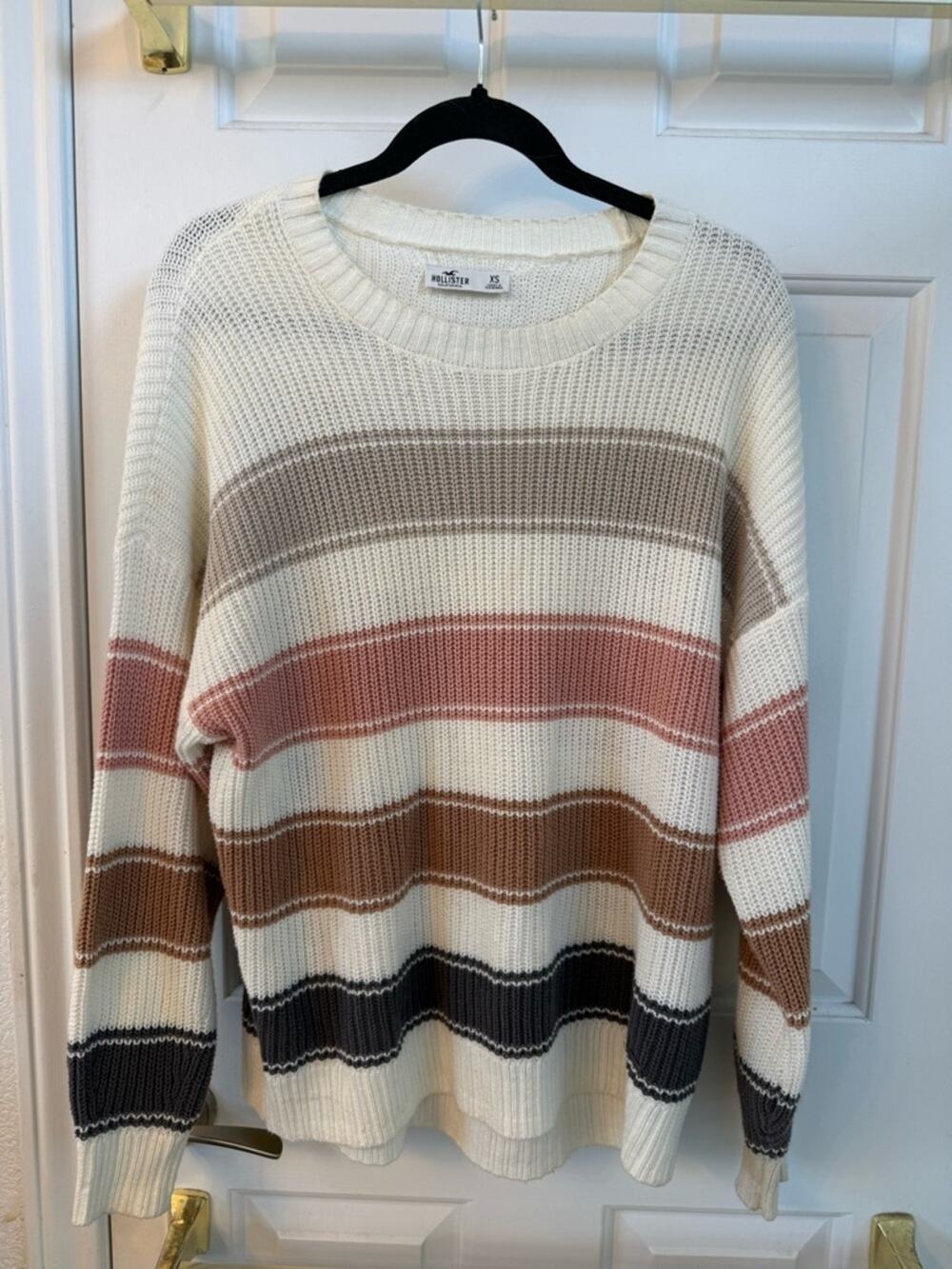Hollister Cream Knit Sweater with Taupe, Rose and Brown Stripes